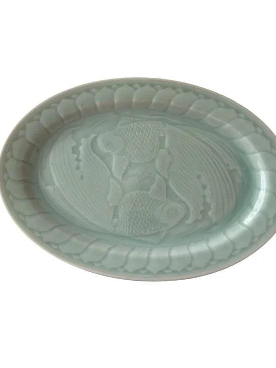 Longquan Celadon Koi Fish Platter 14 inch Green Glaze Mid-Century Abundance - Picture 2 of 7